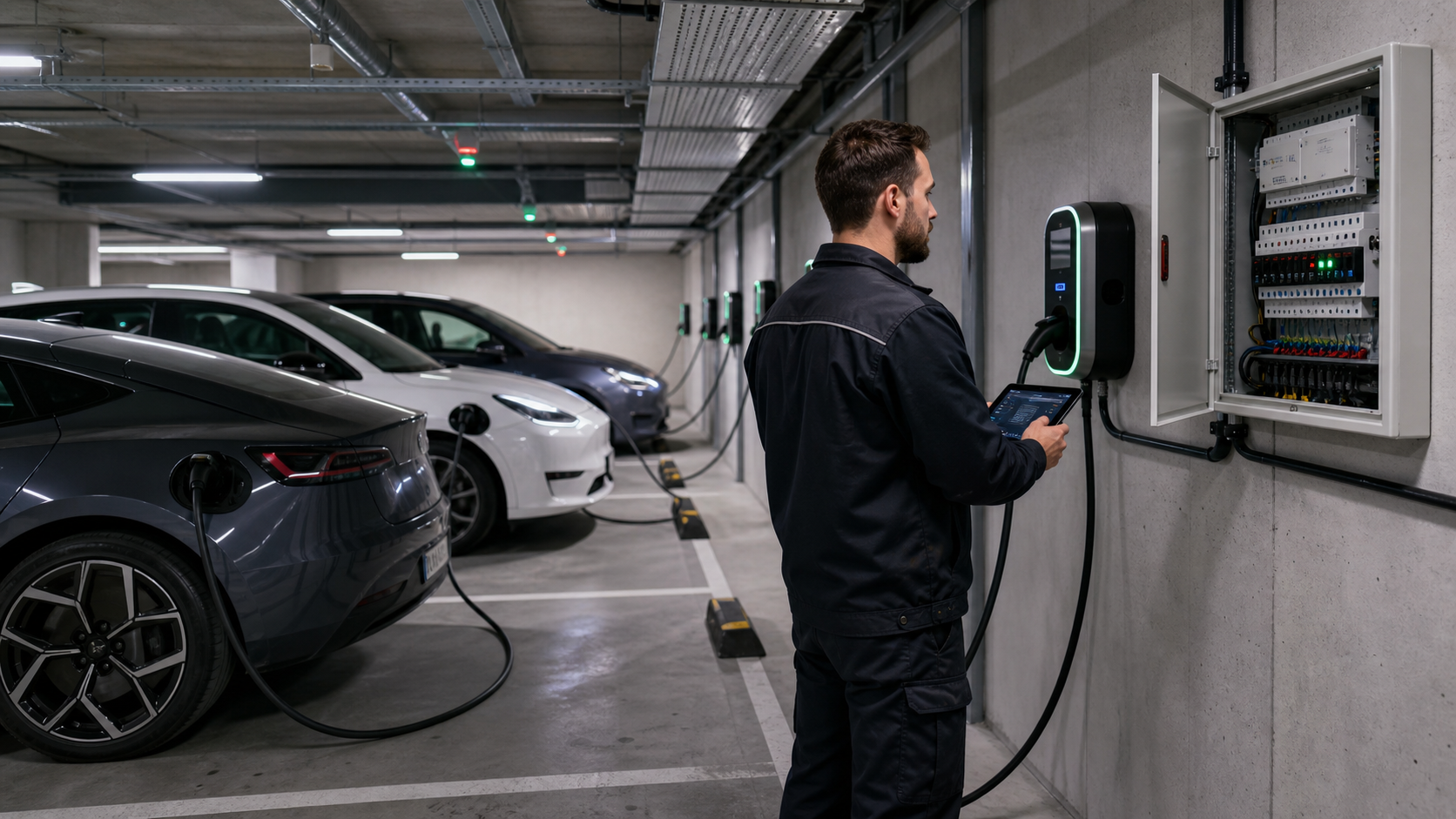 Apartman otoparkında birden fazla elektrikli araca dağıtılan gücü pano ekranından yöneten elektrik mühendisi