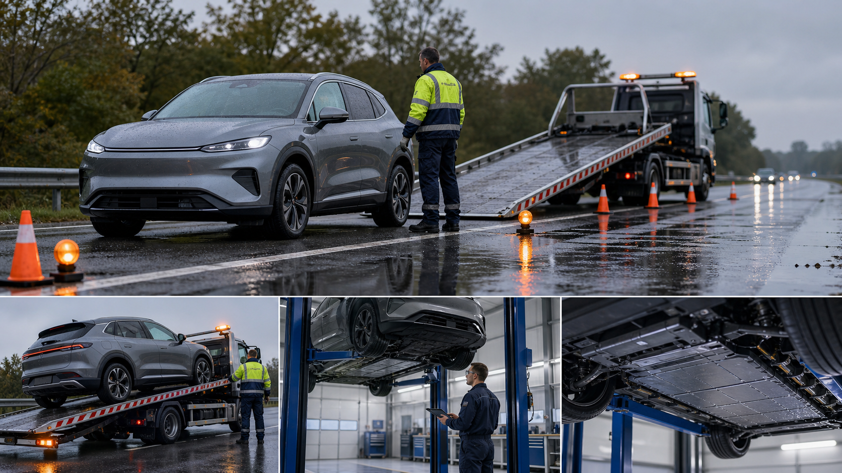 Yağmurlu yolda elektrikli araç yol yardımı, platform çekici ve batarya taban kontrolünü gösteren görsel