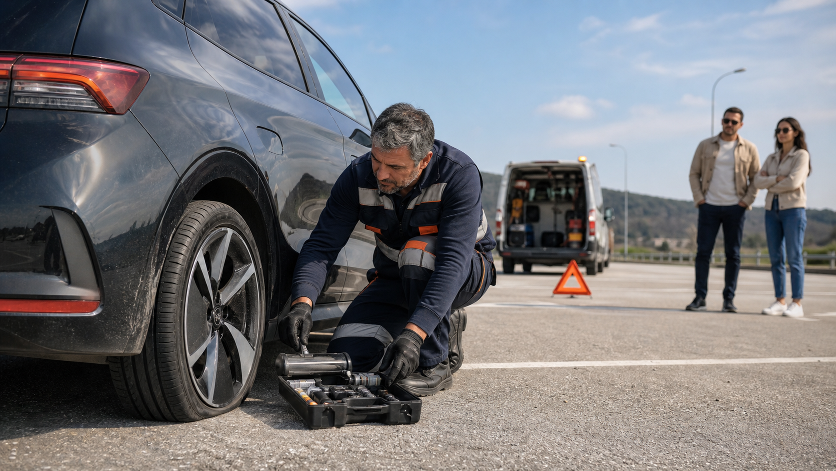 Güvenli yol kenarında patlak elektrikli araç lastiğini taşınabilir kit ile inceleyen yol yardım görevlisi