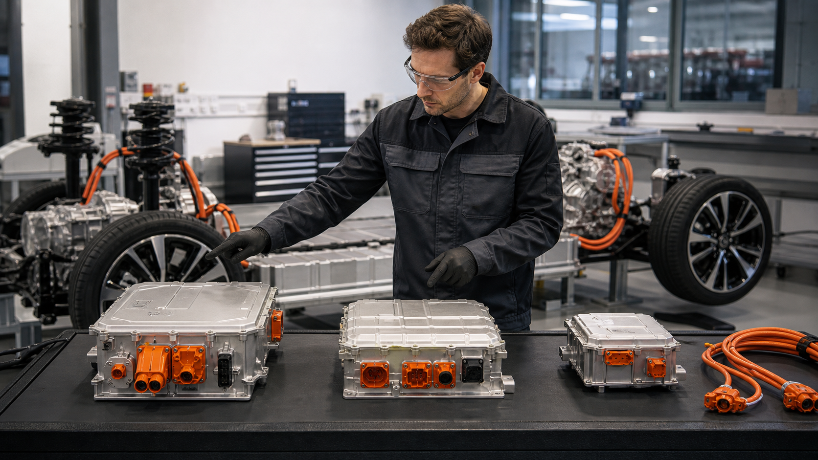 Servis tezgahında elektrikli araç OBC, inverter ve DC-DC bileşenlerini inceleyen yüksek voltaj teknisyeni