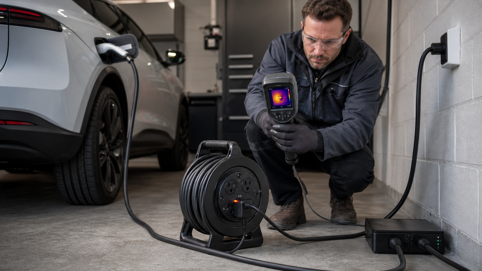 Elektrikli araç şarj cihazının yanında sarılı ev tipi uzatma kablosunu termal ölçümle kontrol eden elektrik uzmanı