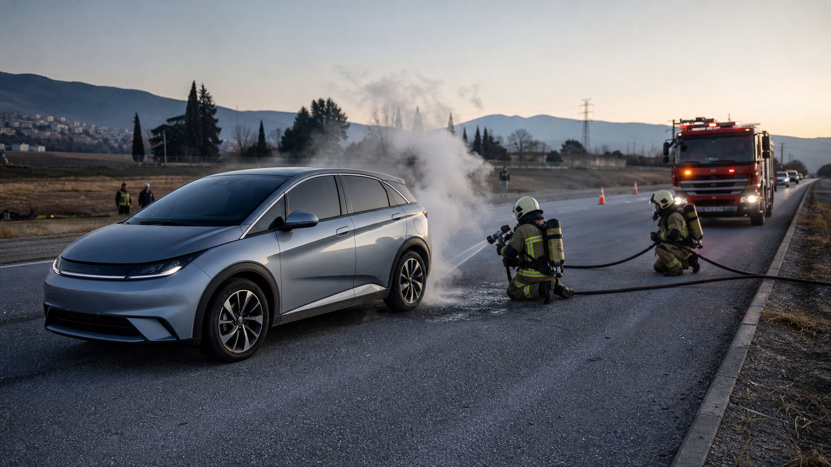 Duman çıkaran elektrikli otomobile güvenli mesafeden müdahale hazırlığı yapan koruyucu ekipmanlı itfaiyeciler