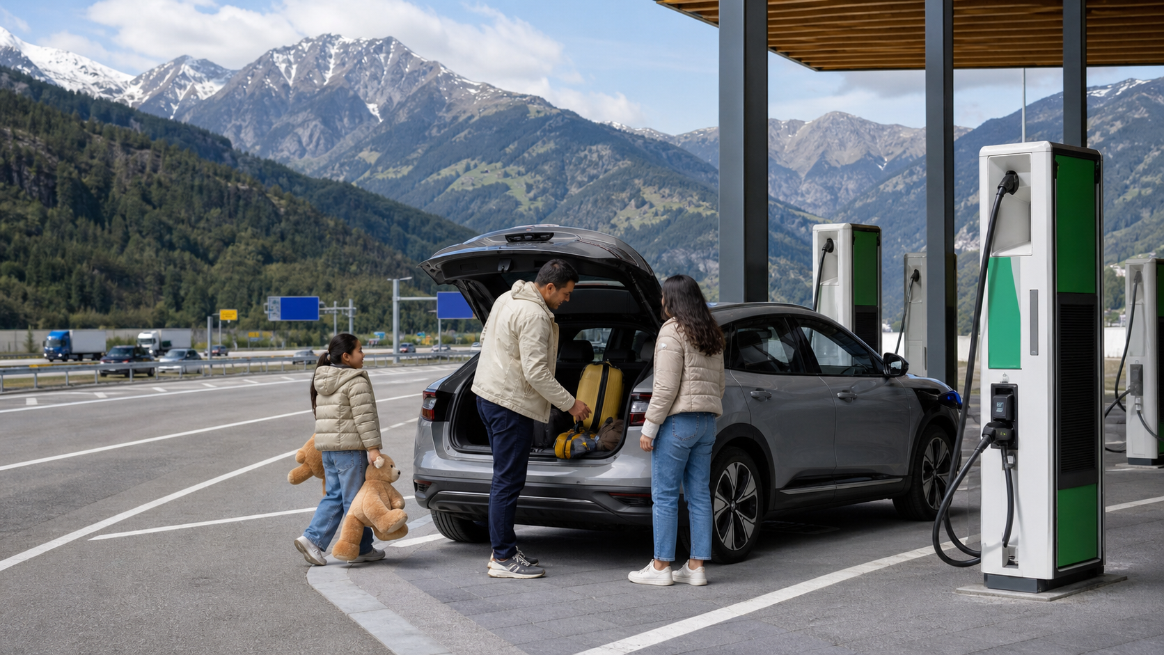 Avrupa yolculuğunda sınır yakınındaki çok standartlı şarj merkezinde mola veren elektrikli otomobil