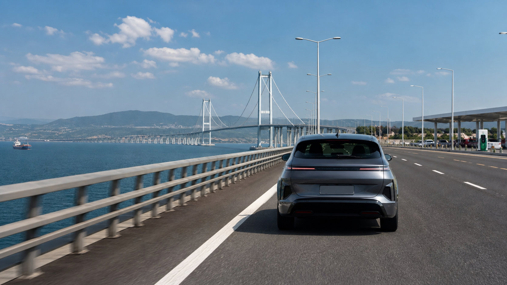 Osmangazi Köprüsü üzerinden İzmir yönüne giden elektrikli otomobilin geniş sinematik yol görünümü