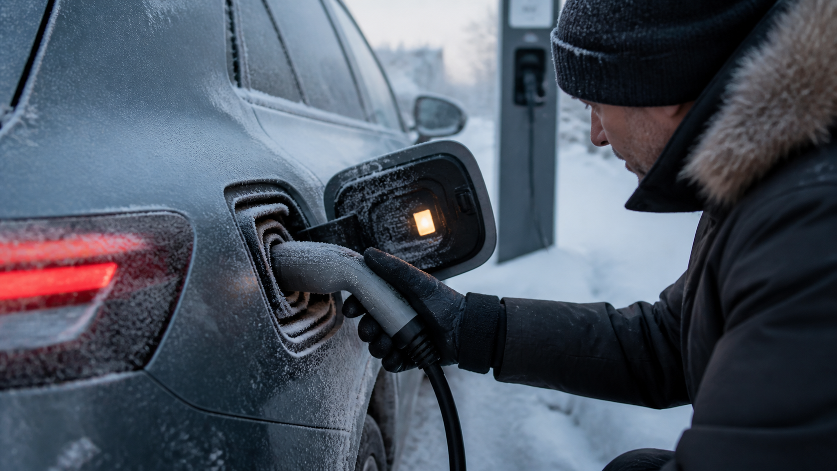 Karlı havada buz tutmuş elektrikli araç şarj soketini eldivenle dikkatle kontrol eden sürücü