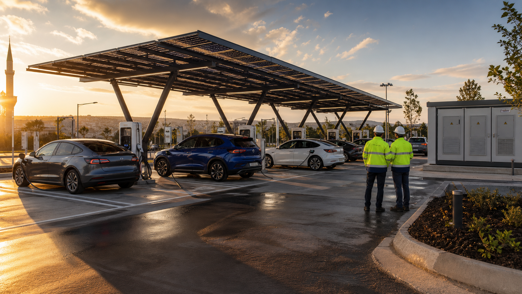 Güneş çatılı çok soketli şarj merkezini inceleyen enerji altyapısı mühendisleri